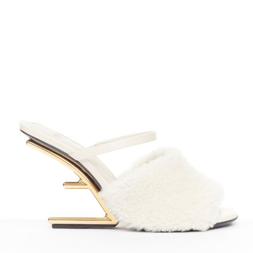 Fendi First cream shearling gold F heel mule sandals